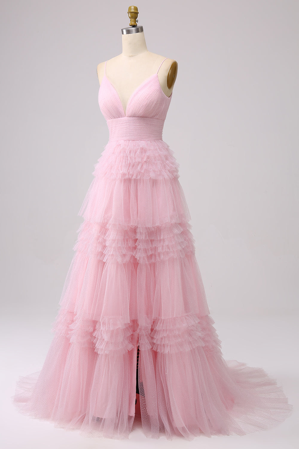 A Line Tulle Spaghetti Straps Sweetheart Prom Dress Floor Length With Slit