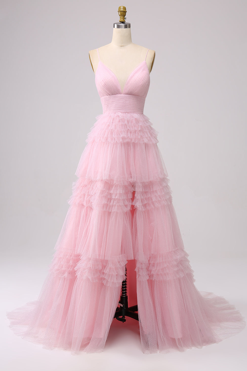 A Line Tulle Spaghetti Straps Sweetheart Prom Dress Floor Length With Slit