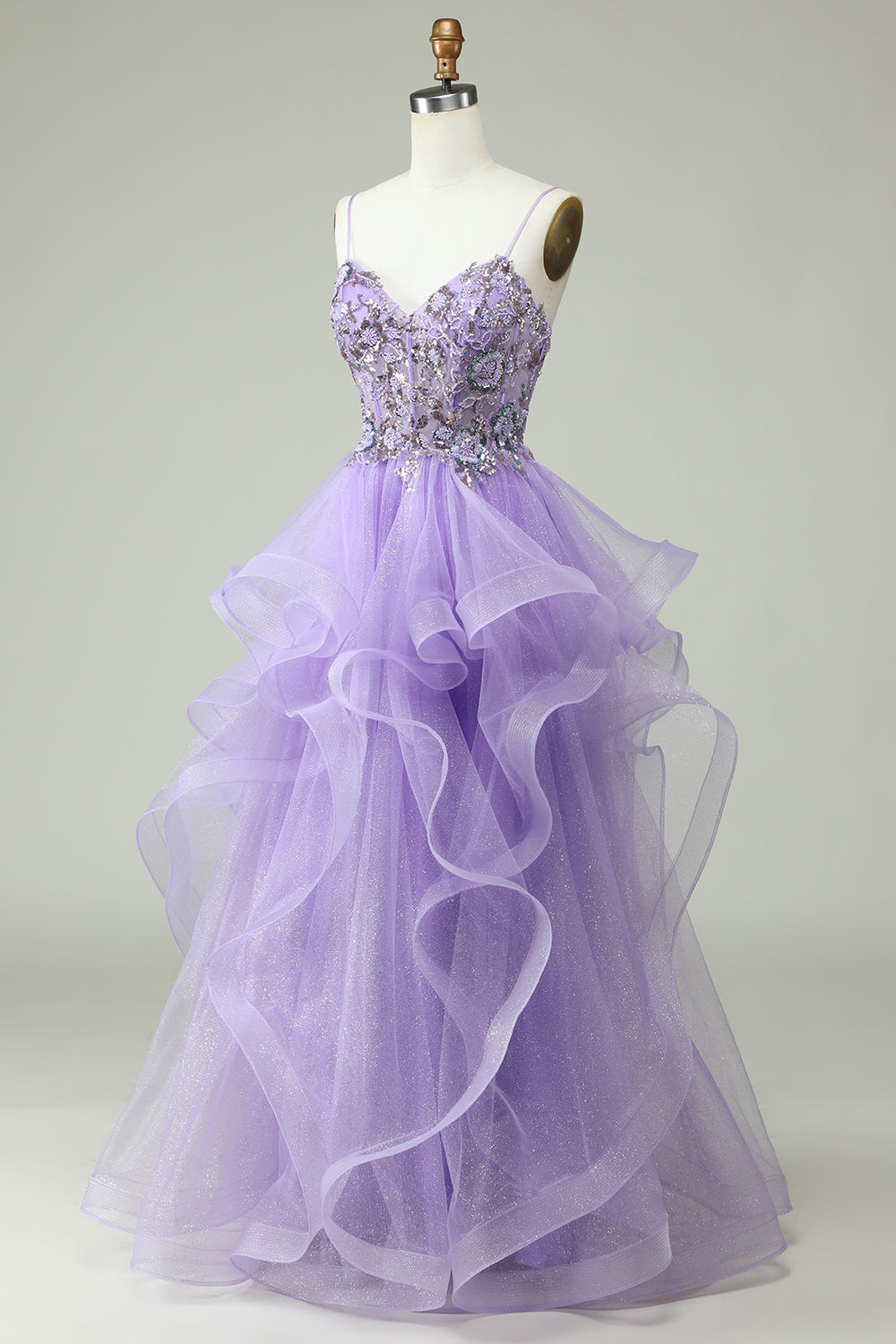A Line Spaghetti Straps Purple Long Prom Dress with Appliques Beautiful