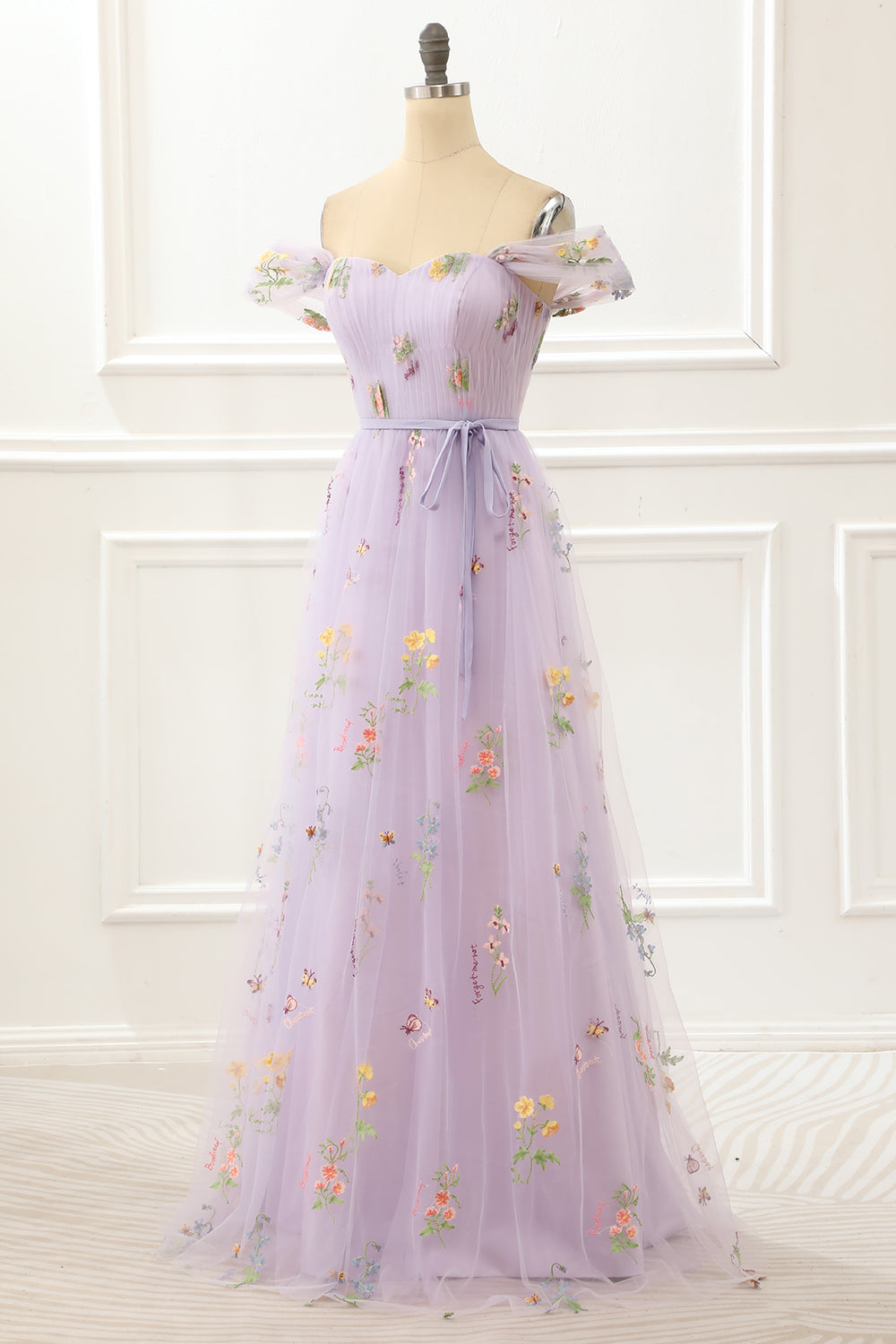 A Line Tulle Off Shoulder Lavender Prom Dress With Embroidered Flowers