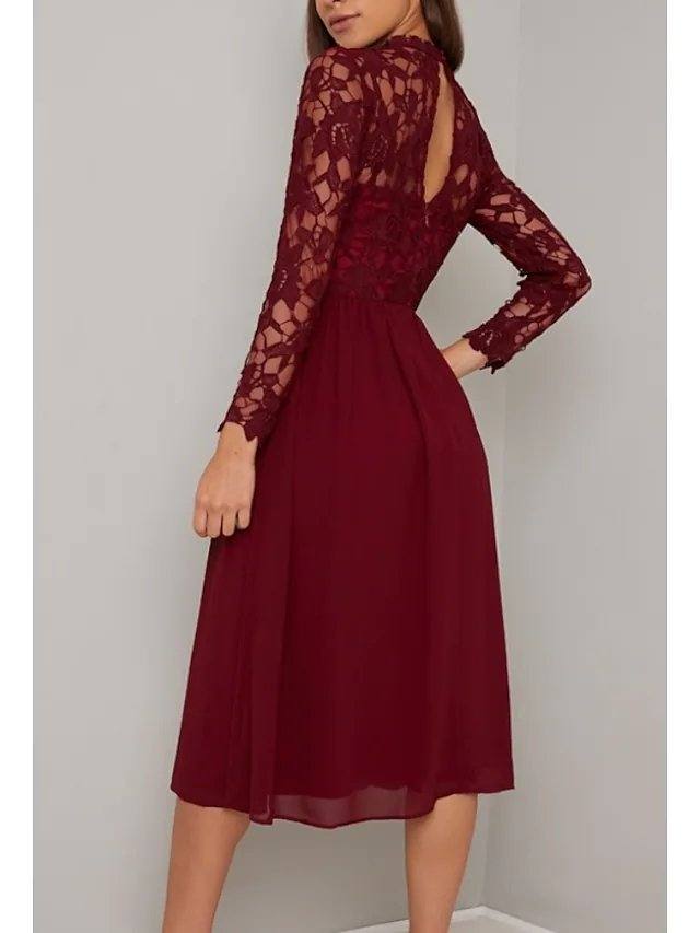 A-Line Mother of the Bride Dress Elegant High Neck Tea Length Chiffon Lace Long Sleeve with Lace Pleats - RongMoon