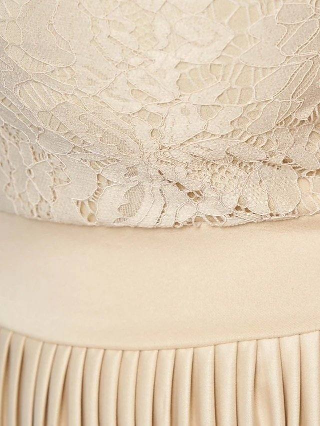 A-Line Mother of the Bride Dress Elegant Jewel Neck Knee Length Chiffon Lace 3/4 Length Sleeve with Pleats Embroidery - RongMoon