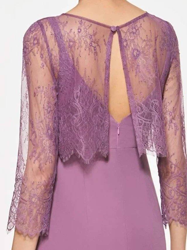 A-Line Mother of the Bride Dress Elegant Jewel Neck Ankle Length Chiffon Lace 3/4 Length Sleeve with Ruffles - RongMoon