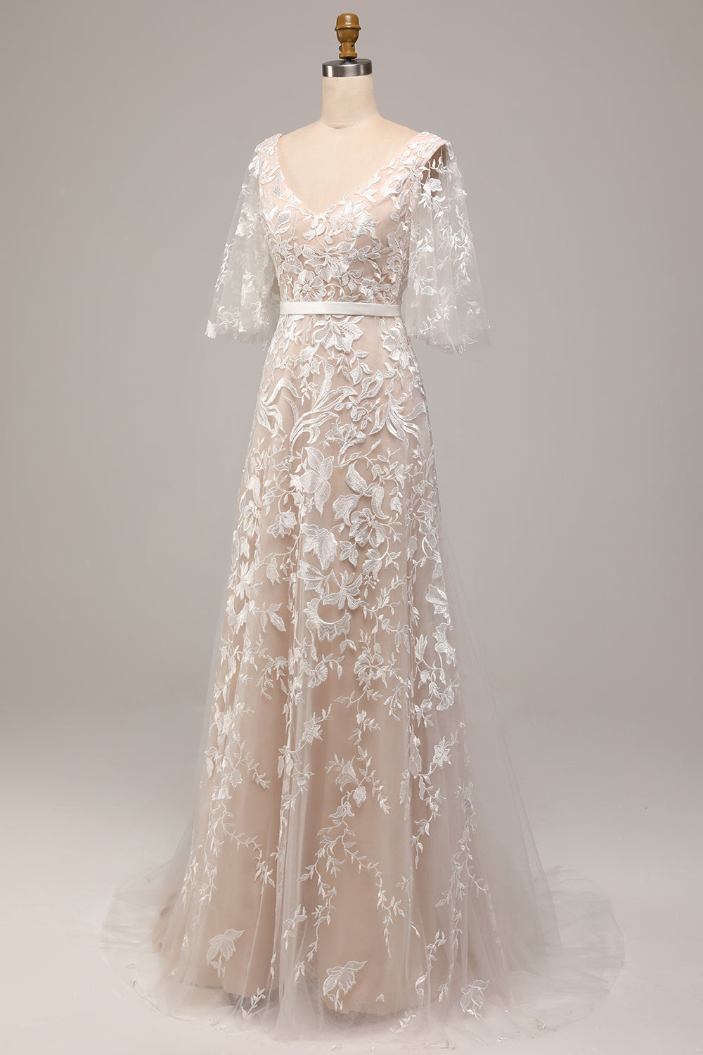 A Line V-Neck Short Sleeves Long Bridal Dress With Appliqued Lace Ivory Apricot