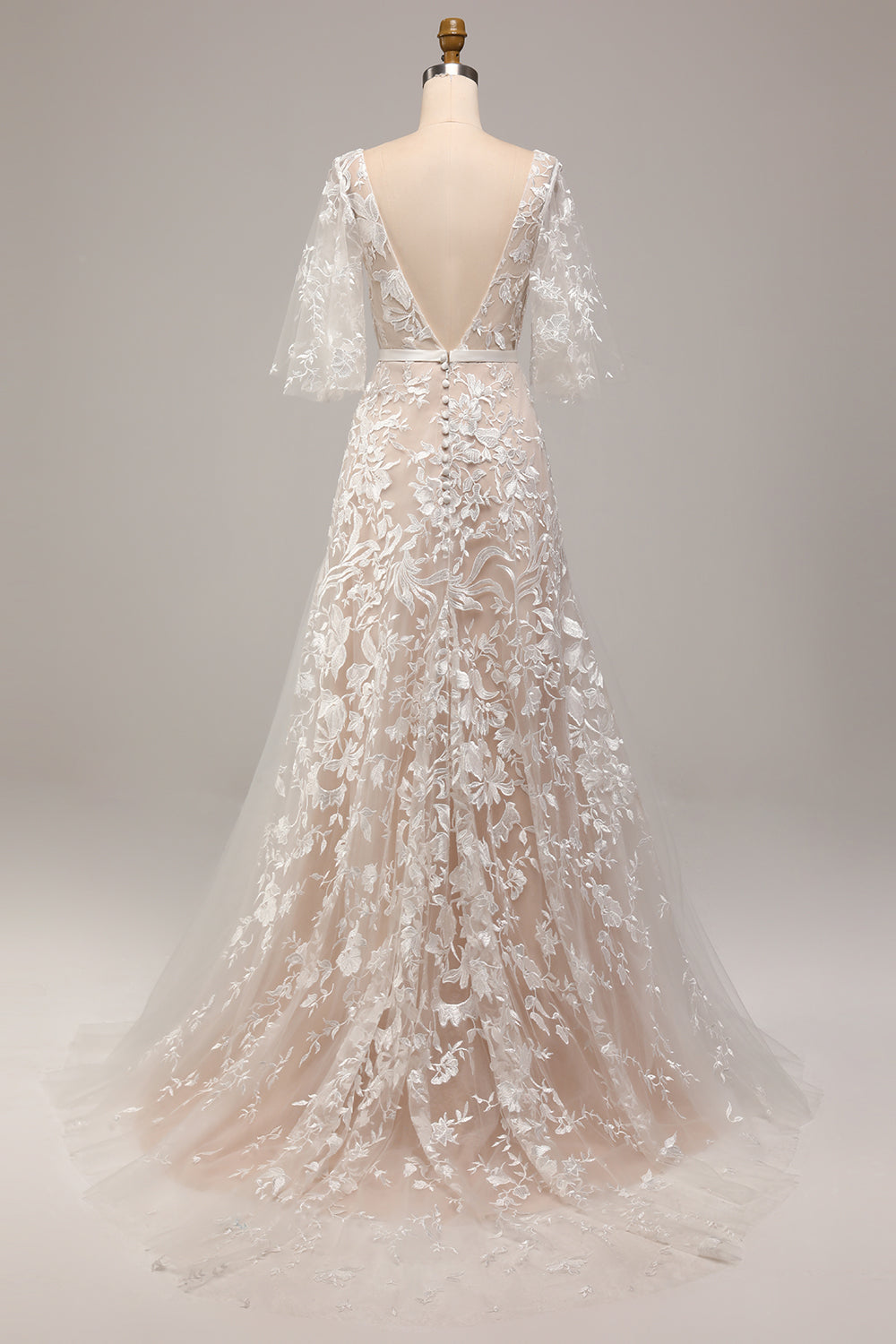 A Line V-Neck Short Sleeves Long Bridal Dress With Appliqued Lace Ivory Apricot