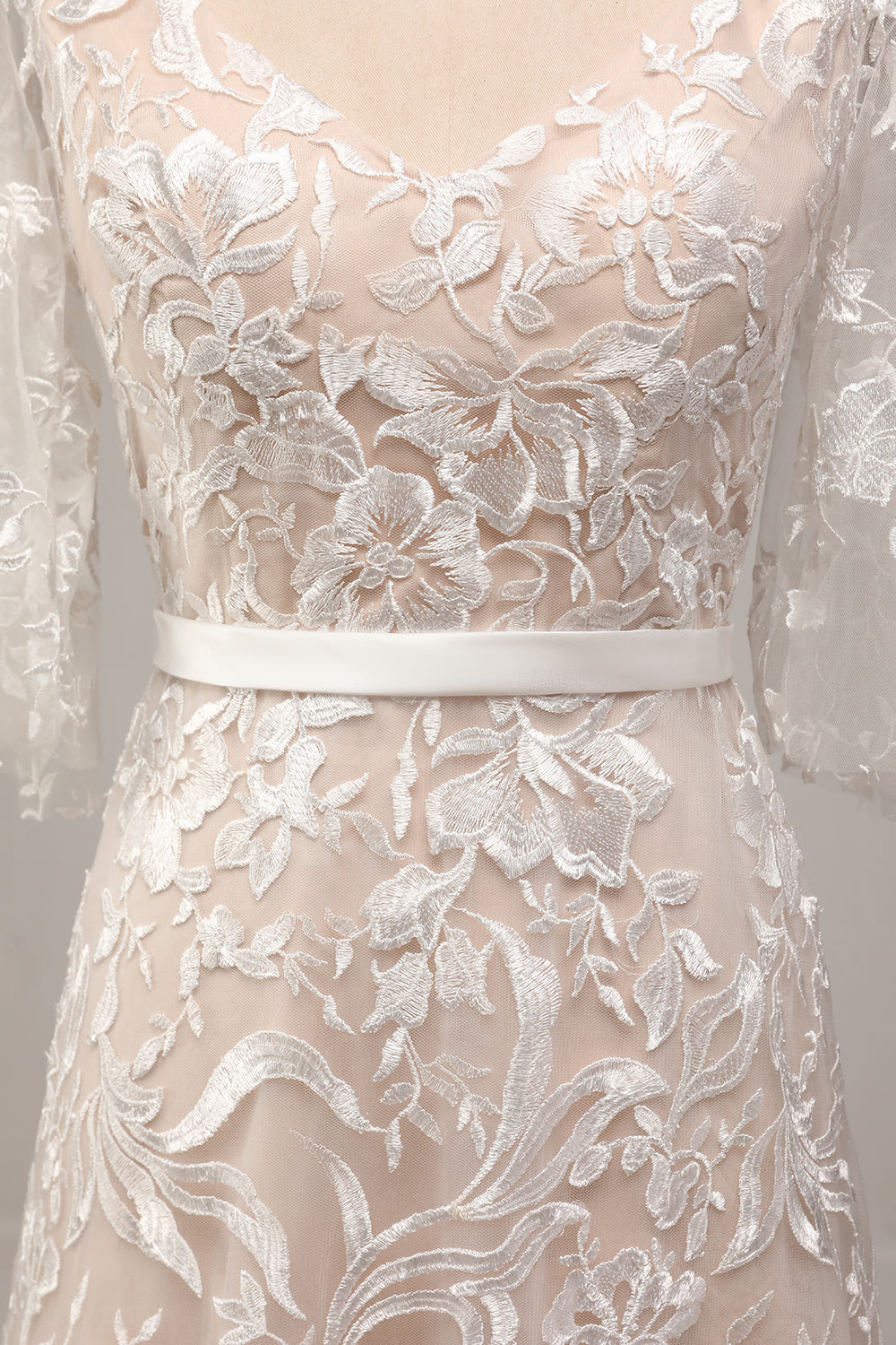 A Line V-Neck Short Sleeves Long Bridal Dress With Appliqued Lace Ivory Apricot