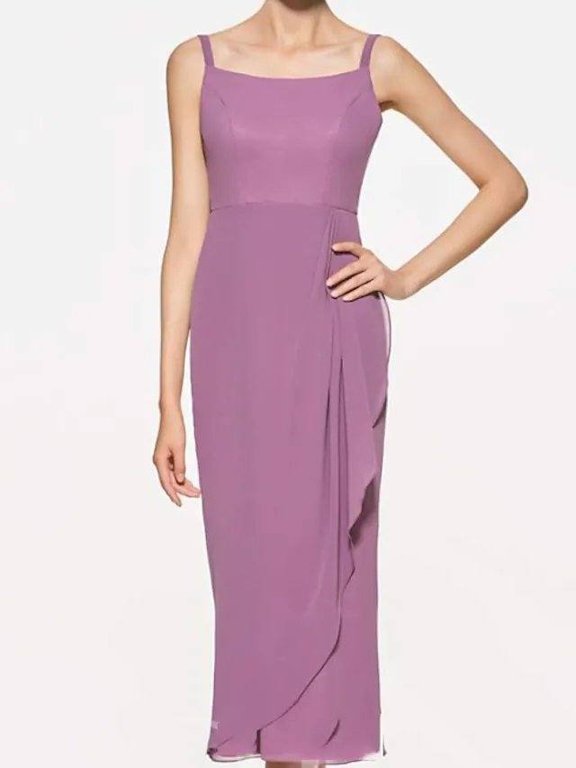 A-Line Mother of the Bride Dress Elegant Jewel Neck Ankle Length Chiffon Lace 3/4 Length Sleeve with Ruffles - RongMoon