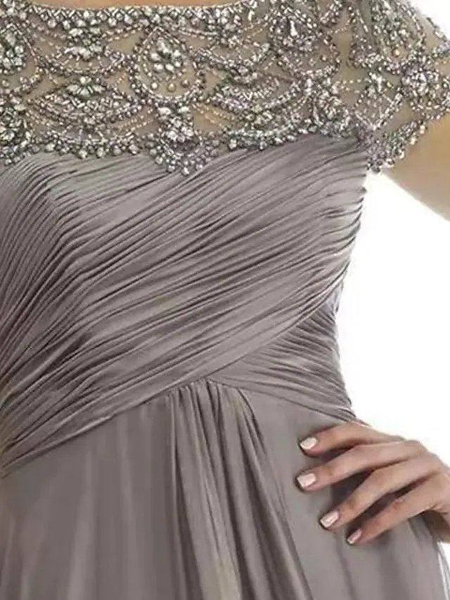 A-Line Mother of the Bride Dress Elegant Jewel Neck Floor Length Chiffon Satin Short Sleeve with Beading Sequin Draping - RongMoon