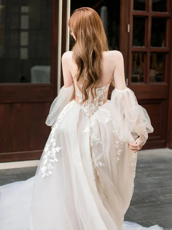A-Line Lace Tulle Long Prom Dress Bride Gown Wedding Dress Beautiful
