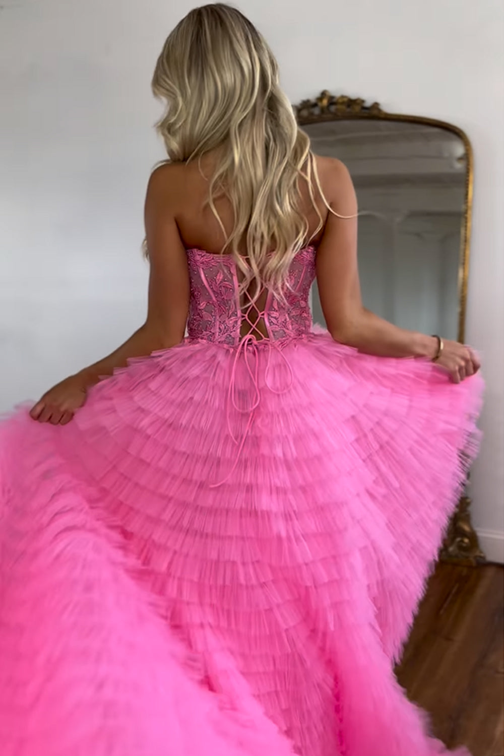 A Line Sweetheart Tiered Long Corset Prom Dress With Lace Off Shoulder With Slit