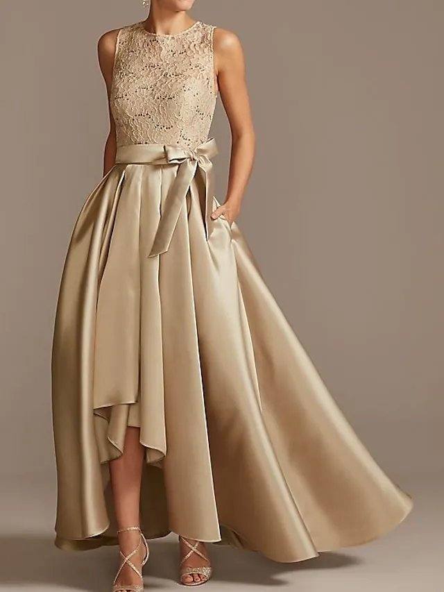 A-Line Mother of the Bride Dress Elegant Jewel Neck Asymmetrical Satin Sleeveless with Bow(s) - RongMoon