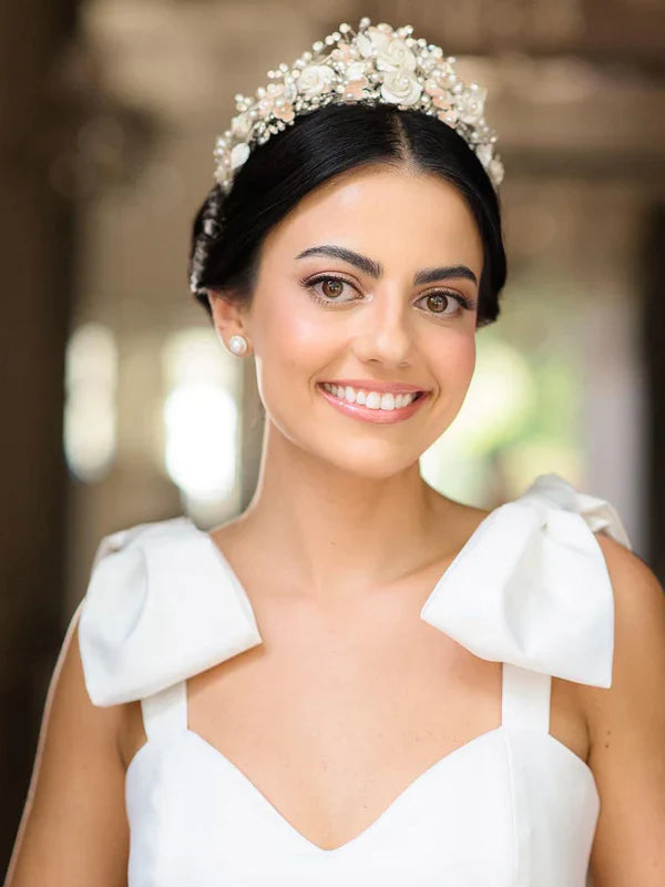 A Line Satin Wedding Gown Sweetheart Neck Wedding Dress With Bowtie Straps Solid Color