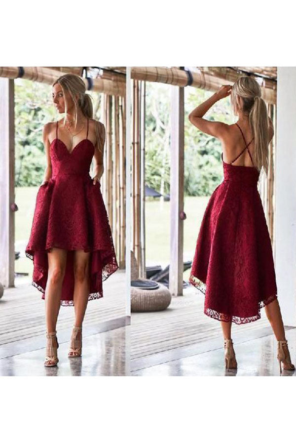 A-line High Low Homecoming Dresses with Lace