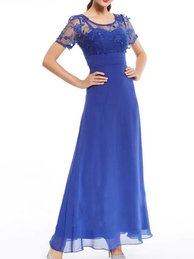 A-Line Mother of the Bride Dress Elegant Illusion Neck Jewel Neck Floor Length Chiffon Lace Short Sleeve with Appliques Ruching - RongMoon