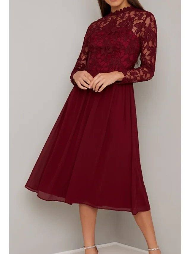 A-Line Mother of the Bride Dress Elegant High Neck Tea Length Chiffon Lace Long Sleeve with Lace Pleats - RongMoon