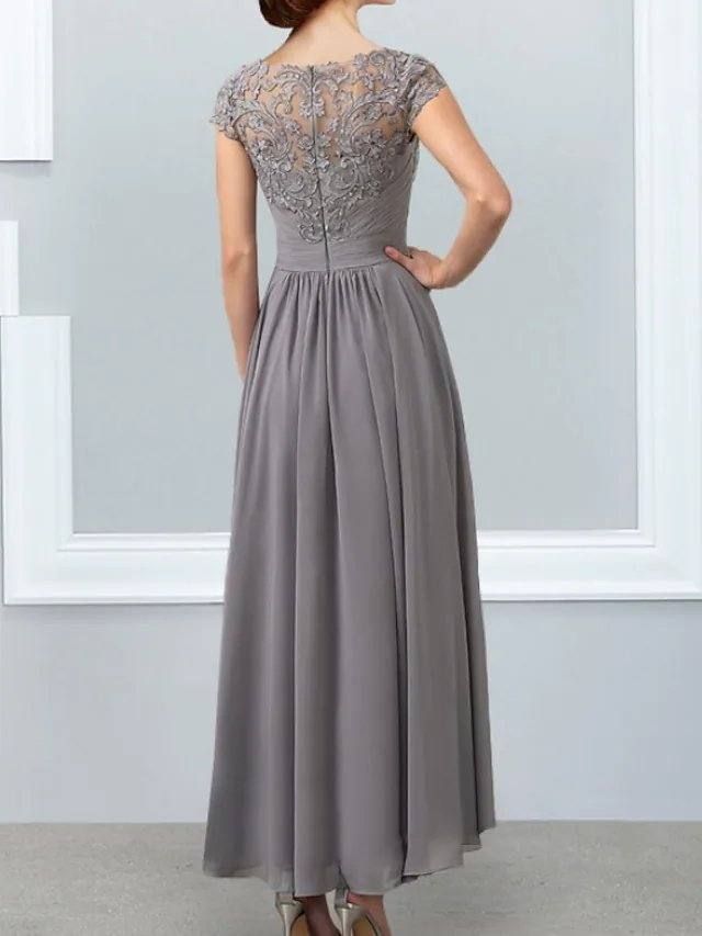 A-Line Mother of the Bride Dress Elegant Jewel Neck Ankle Length Chiffon Lace Sleeveless with Lace Appliques - RongMoon