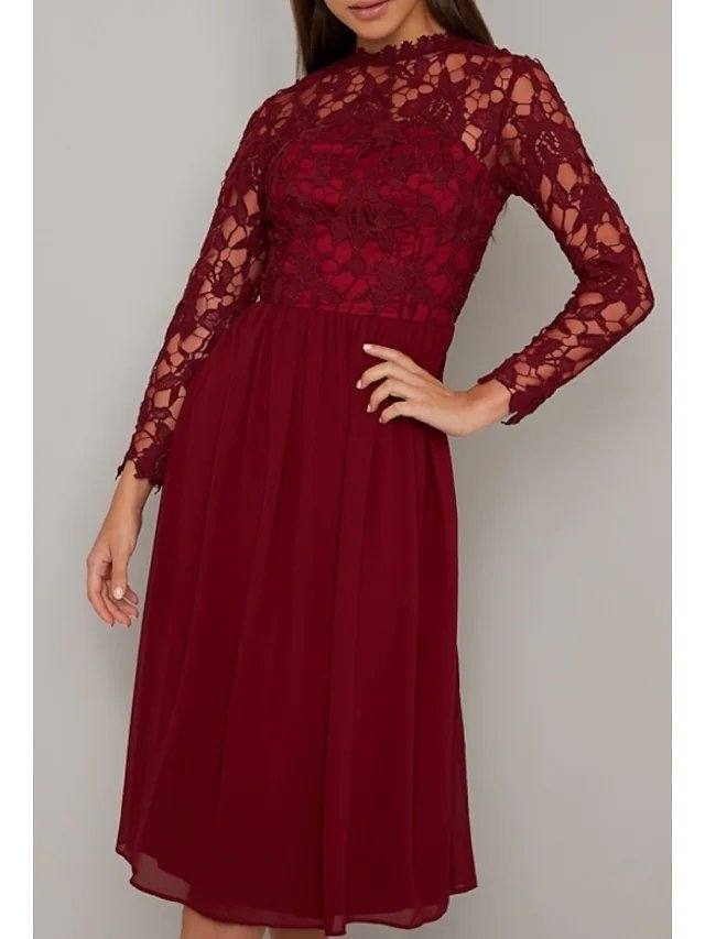 A-Line Mother of the Bride Dress Elegant High Neck Tea Length Chiffon Lace Long Sleeve with Lace Pleats - RongMoon