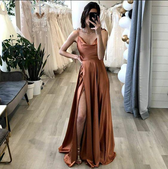 A Line Brown Long Prom Dress With Slit Simple Evening Party Dresses TP1102