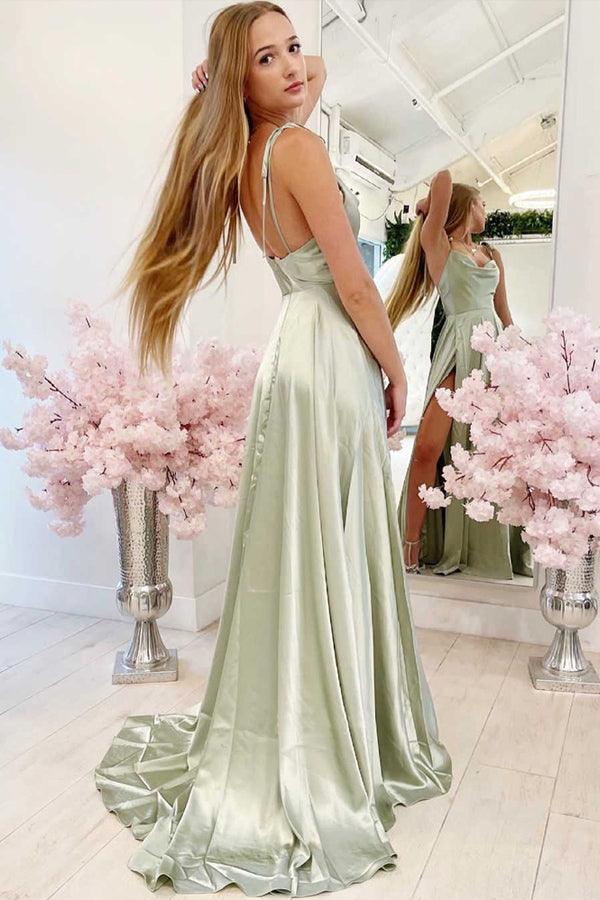 A Line Cowl Neck Tie Straps Sage Green Prom Dresses with Split TP1061