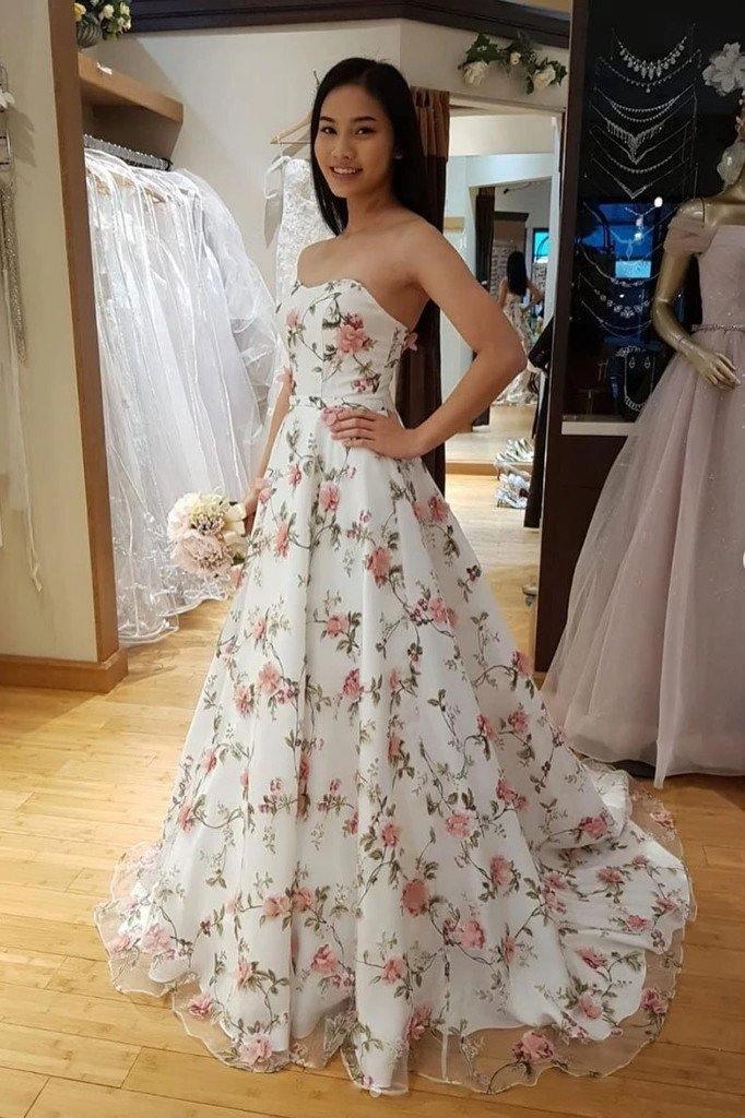 A Line Floral Long Prom Dresses Strapless Beautiful Flower Printed Prom Dress TP0911