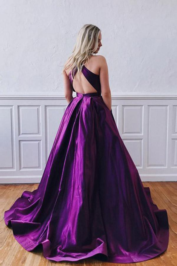 A Line Jewel Open Back Sweep Train Purple Prom/Formal Dress TP0937