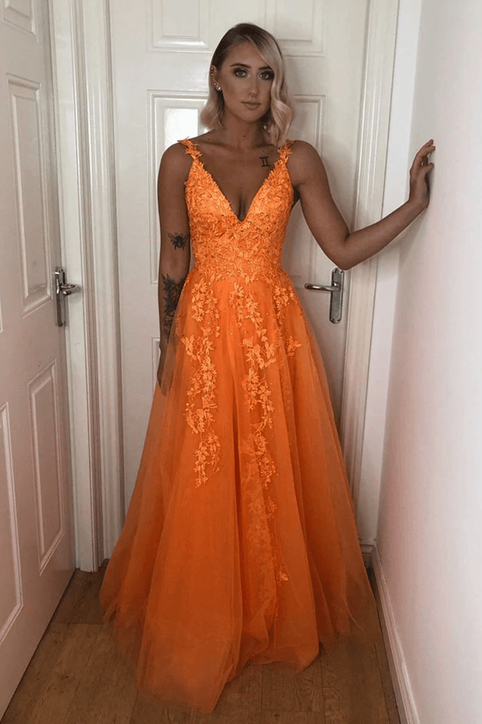 A Line V Neck Backless Lace Appliques Orange Prom Formal Dresses TP1104