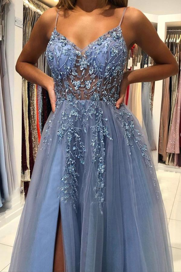 A Line V Neck Blue Tulle Long Prom Dresses Evening Dress With Beading TP1014