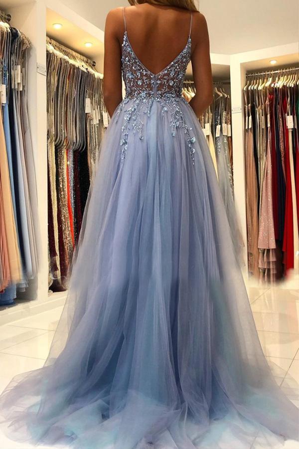 A Line V Neck Blue Tulle Long Prom Dresses Evening Dress With Beading TP1014