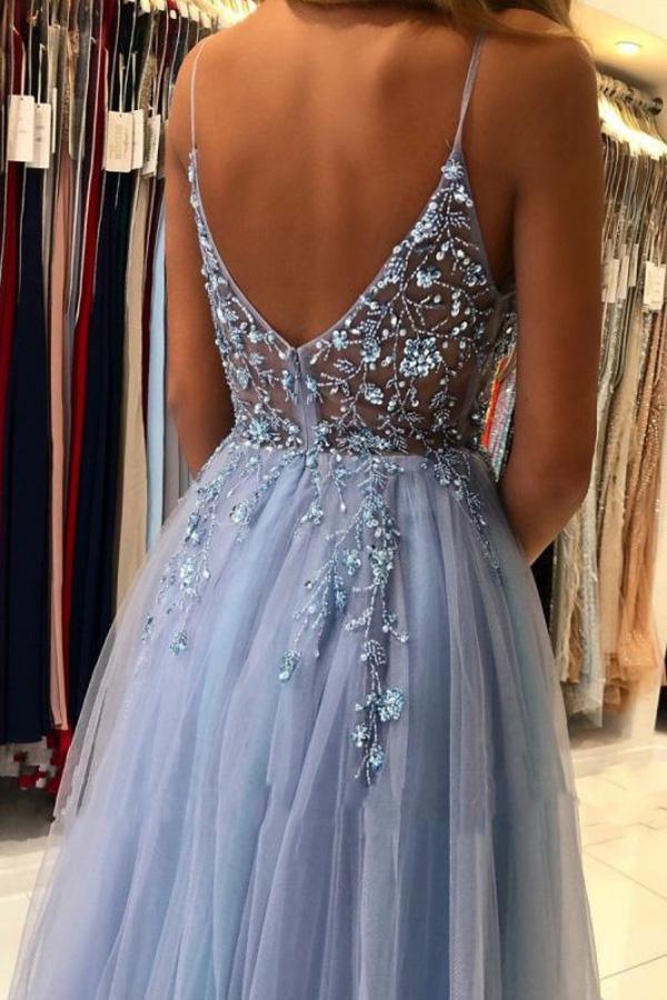 A Line V Neck Blue Tulle Long Prom Dresses Evening Dress With Beading TP1014