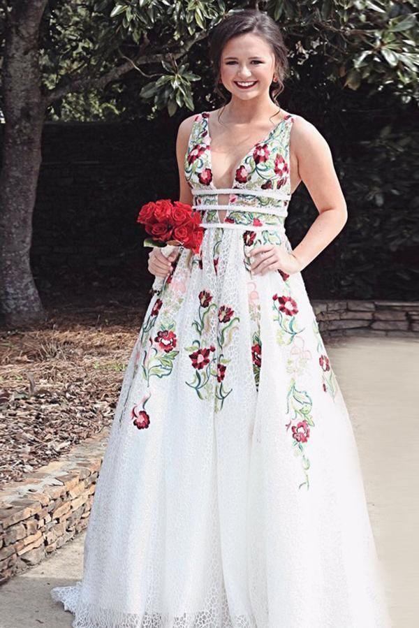 A Line V Neck Ivory Lace Prom Dresses with Embroidery Printed Evening Dresse TP0914