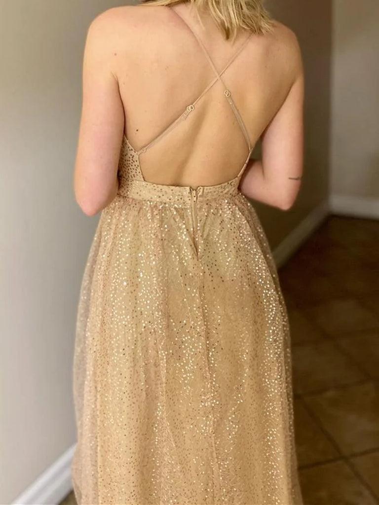 A Line V Neck Light Champagne Lace Prom Dresses, Formal Graduation Dresses TP1101