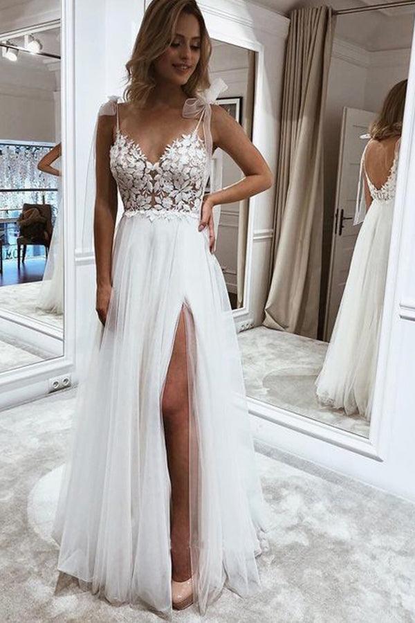 A Line V Neck Straps Tulle Split Wedding Dress/Bridal Gown with Lace TN274