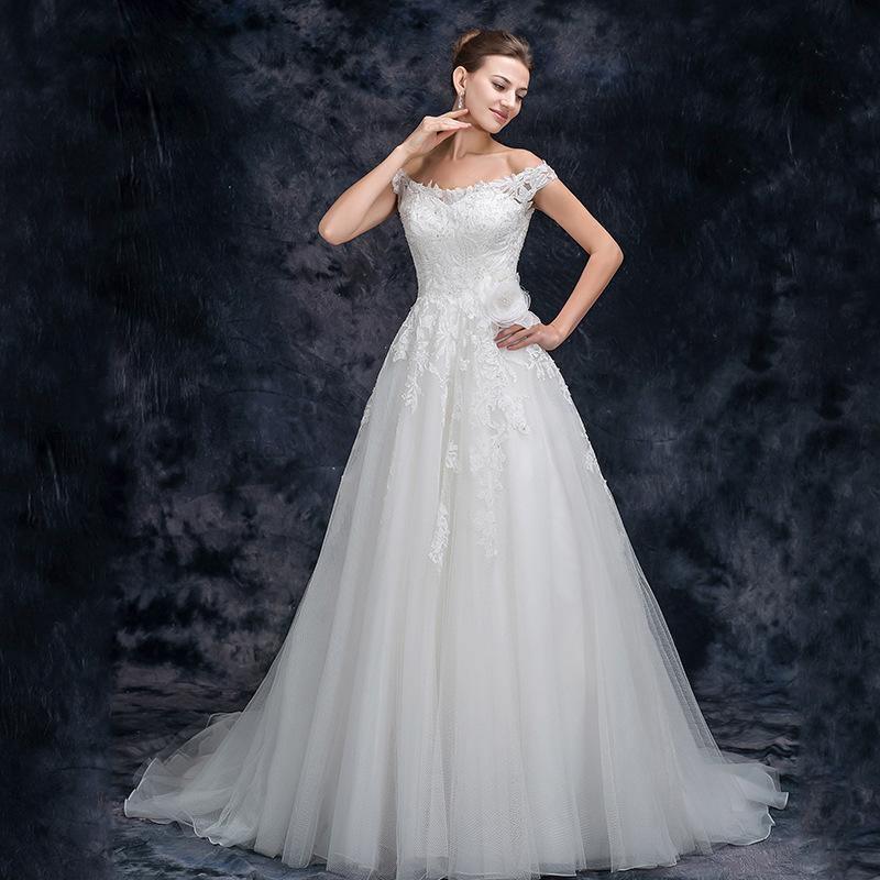 A Line Off the Shoulder Appliques Tulle Long Wedding Dress, Bridal Dresses TN211