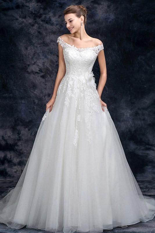 A Line Off the Shoulder Appliques Tulle Long Wedding Dress, Bridal Dresses TN211