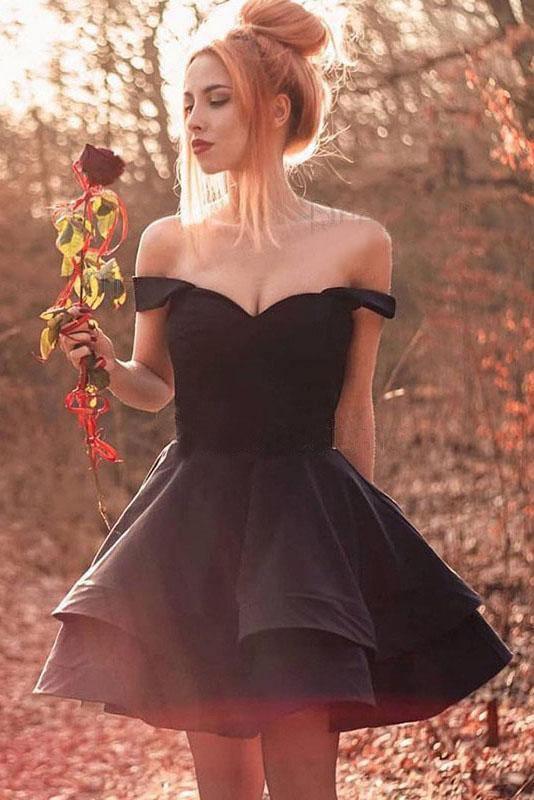 A Line Off The Shoulder Black Short Homecoming Dress HD0009