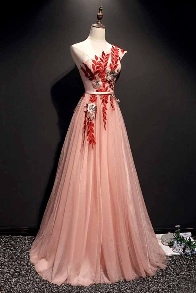 A Line Pink One Shoulder Tulle Red Applique Long Prom Dress Evening Dress TP0921