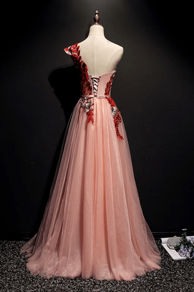 A Line Pink One Shoulder Tulle Red Applique Long Prom Dress Evening Dress TP0921