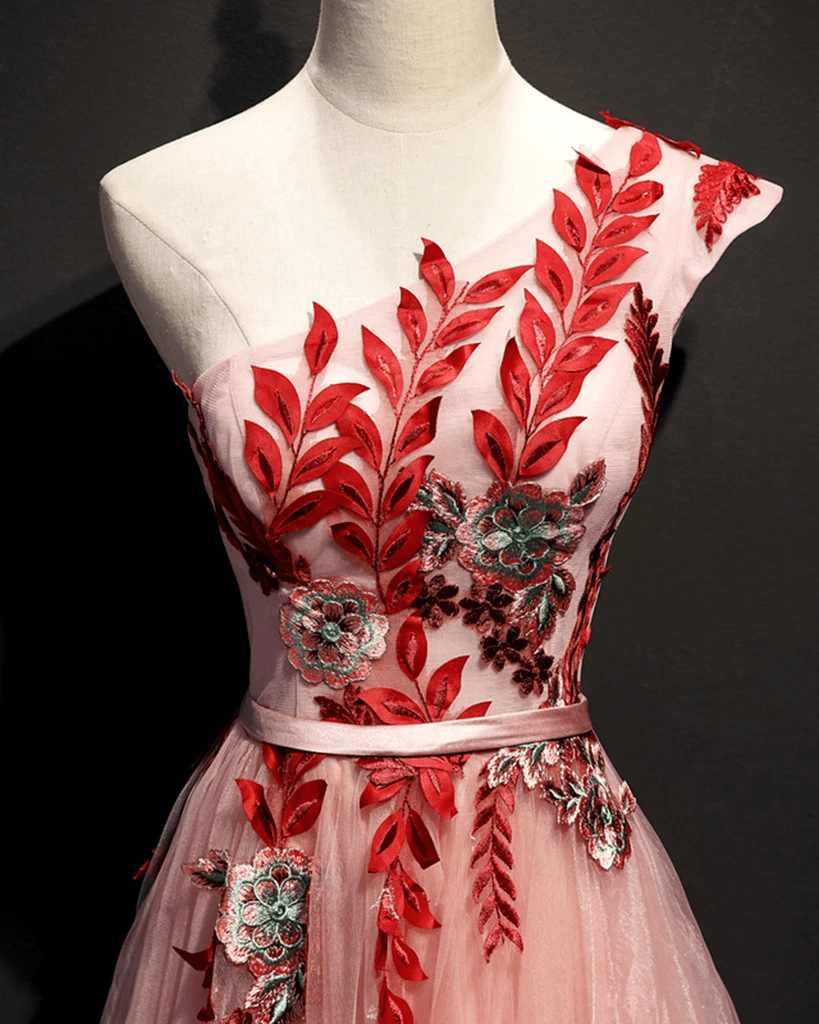 A Line Pink One Shoulder Tulle Red Applique Long Prom Dress Evening Dress TP0921