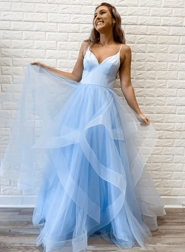 A Line Pink Tulle Long Prom Dresses With Ruffles Straps Evening Dresse TP1112