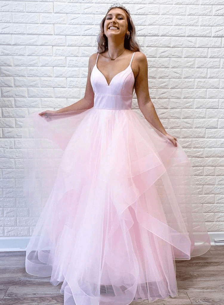 A Line Pink Tulle Long Prom Dresses With Ruffles Straps Evening Dresse TP1112