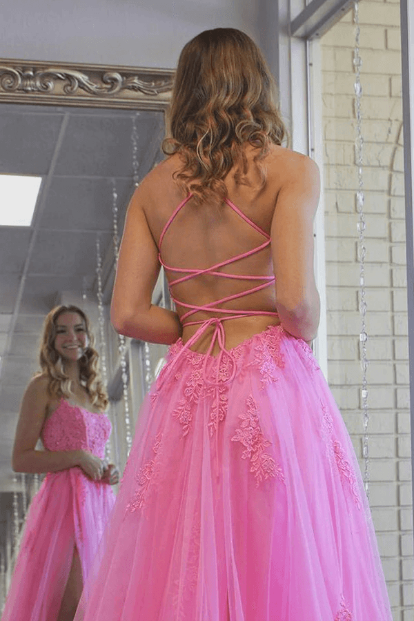 A Line Scoop Neck Hot Pink Tulle Prom Evening Dresses With Split TP1127