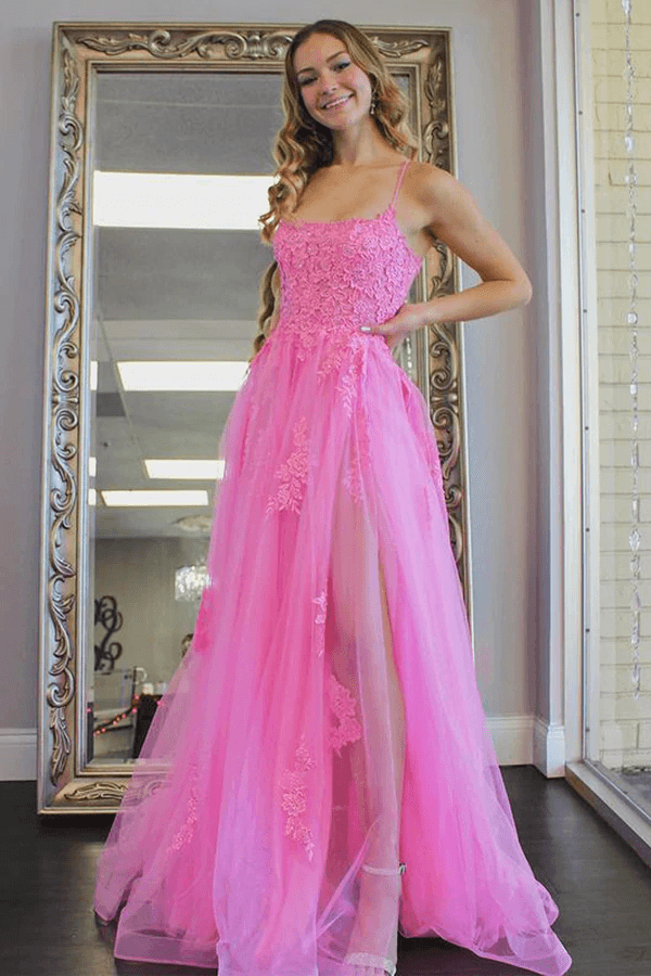 A Line Scoop Neck Hot Pink Tulle Prom Evening Dresses With Split TP1127
