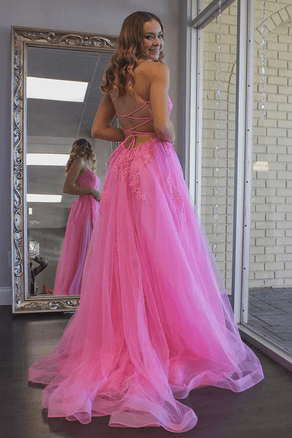 A Line Scoop Neck Hot Pink Tulle Prom Evening Dresses With Split TP1127