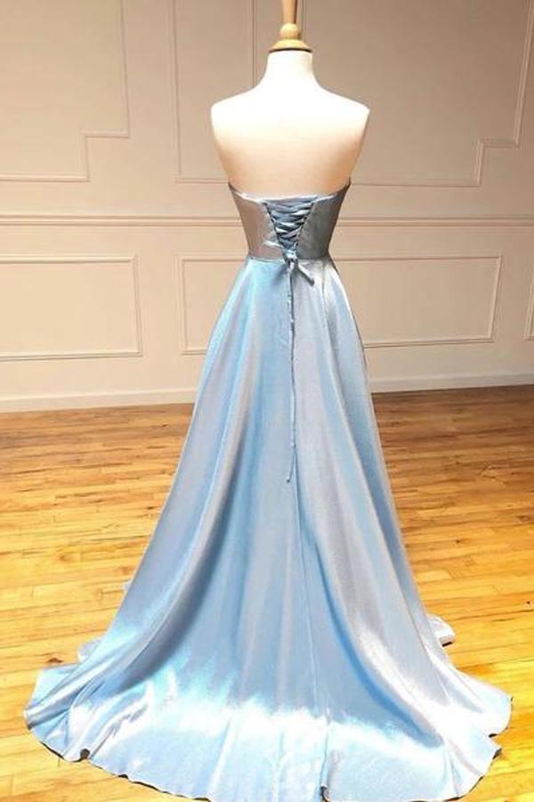 A Line  Simple Light Blue Satin Strapless Long Prom/Formal Dress TP0931
