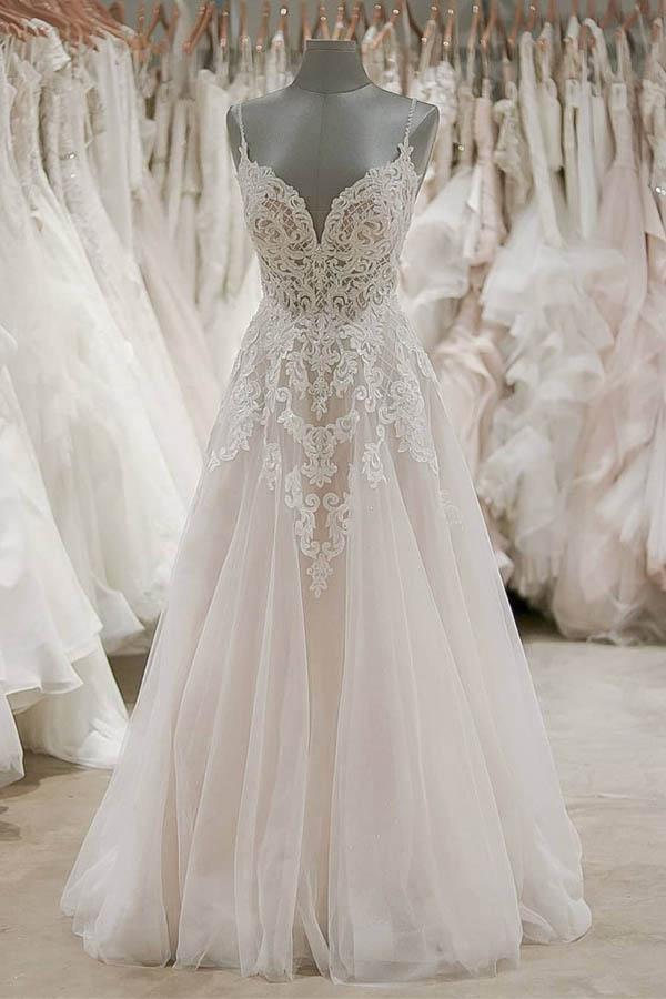 A Line Spaghetti Straps Tulle Wedding Dresses Appliqued Bridal Dresses TN189