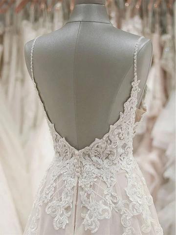 A Line Spaghetti Straps Tulle Wedding Dresses Appliqued Bridal Dresses TN189