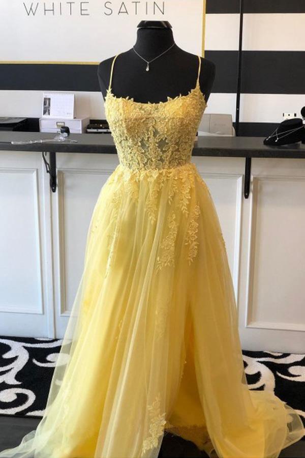 A Line Spaghetti Straps Yellow Split Long Prom Dress With Lace Appliques TP0987