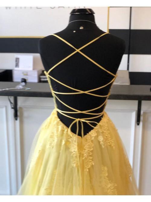 A Line Spaghetti Straps Yellow Split Long Prom Dress With Lace Appliques TP0987