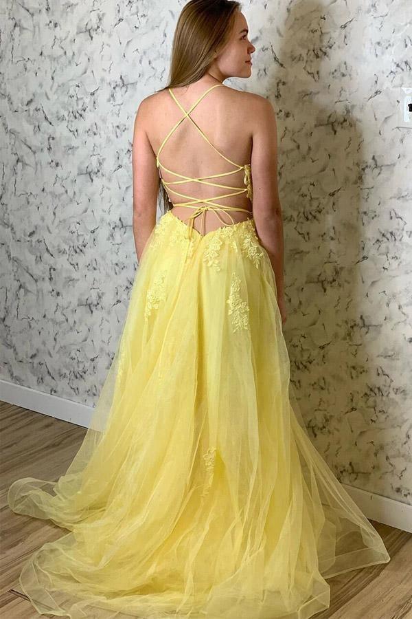 A Line Spaghetti Straps Yellow Split Long Prom Dress With Lace Appliques TP0987