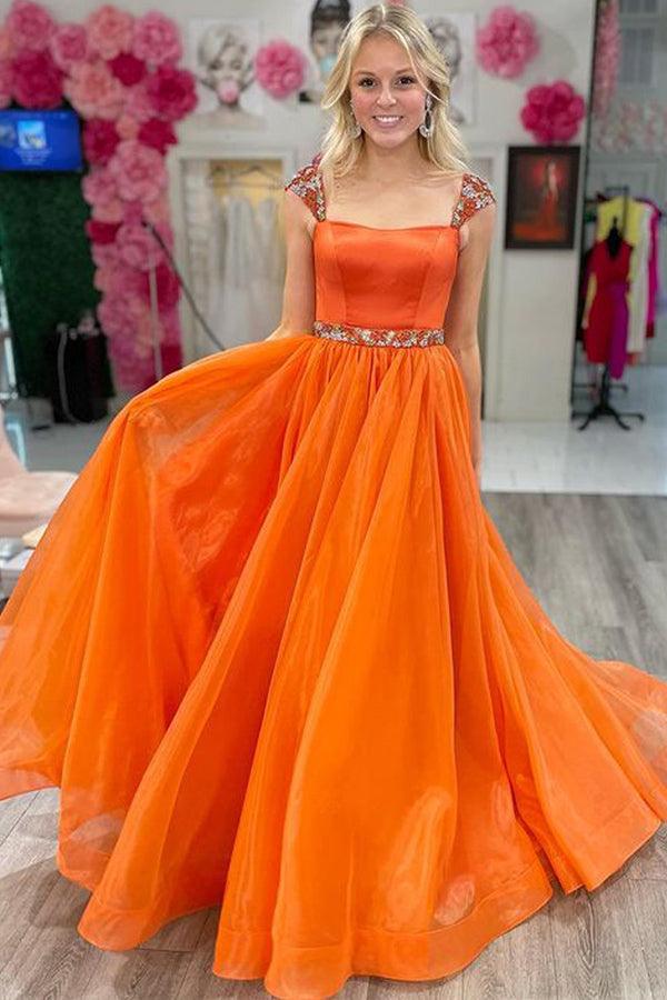A Line Square Neck Orange Organza Prom Dress with Beading TP1081